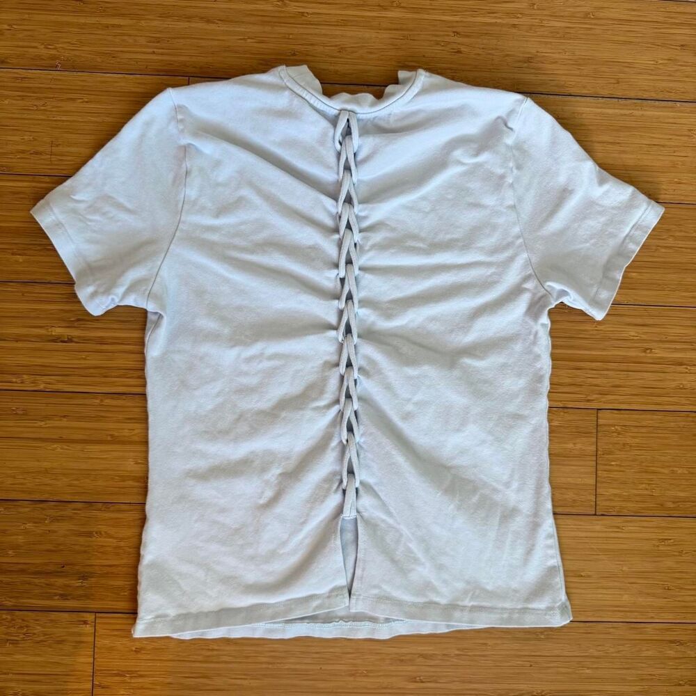 French Connection Lace Up Eyelet Back Fitted Tee XS Ice Blue White